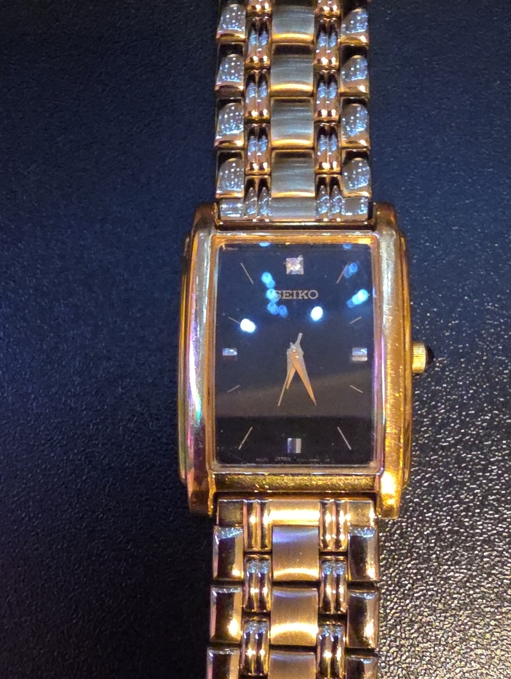 Seiko Gold Tone Rectangular Watch with Black Dial